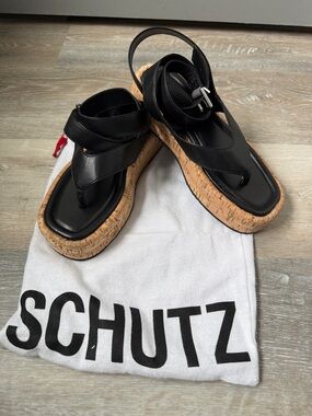 SCHUTZ Black Leather Cork Platform Sandals
